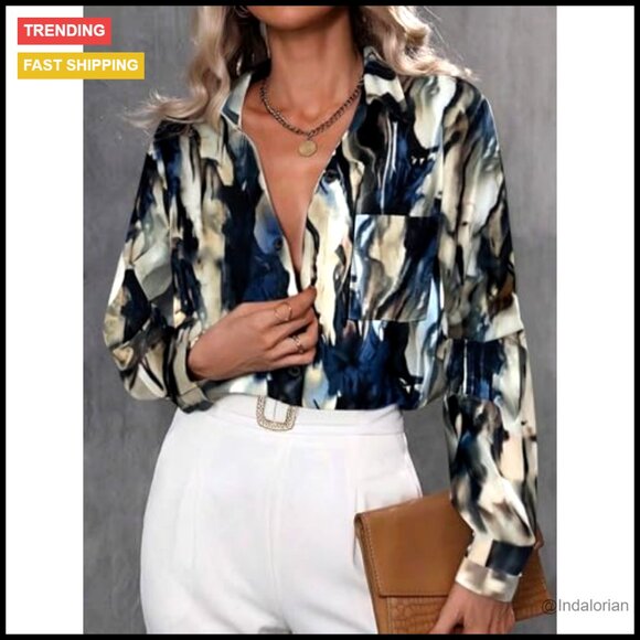 Floral Printed Button Down Blouse Long Sleeve Business Casual Boho Chic - Picture 2 of 7